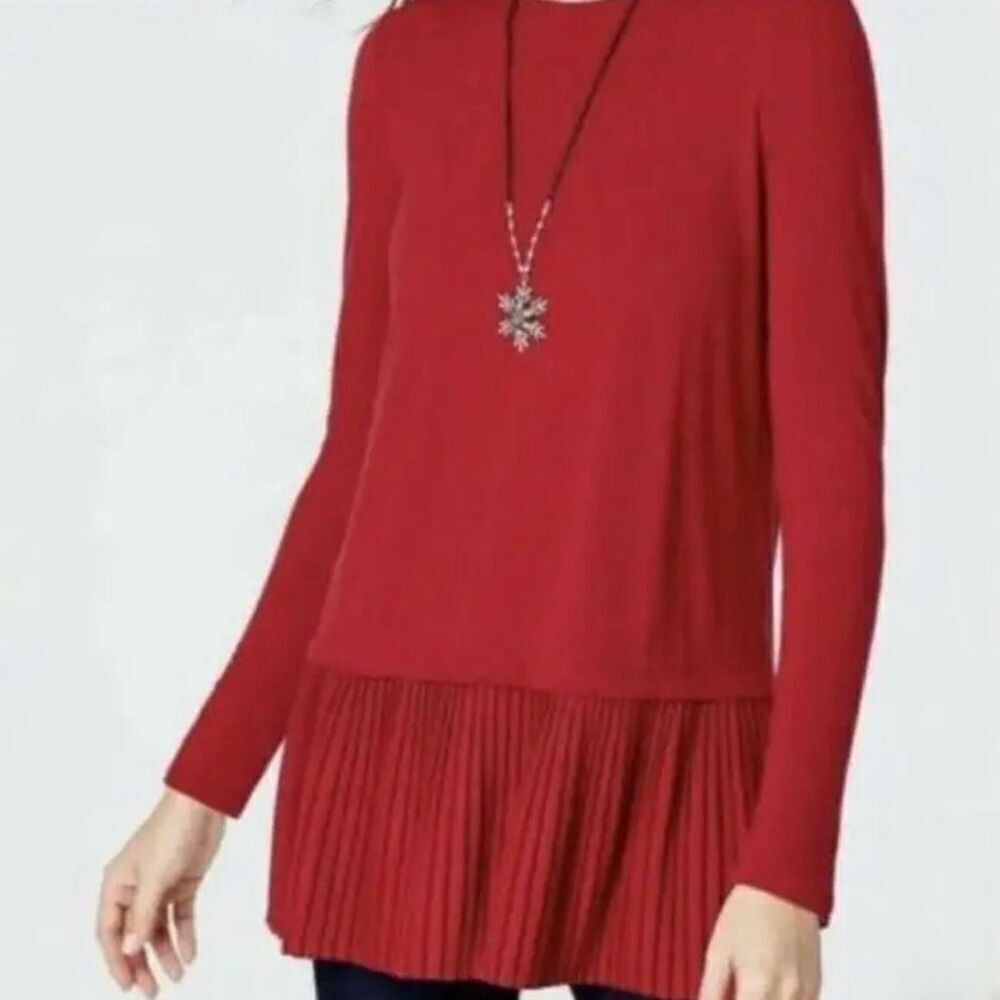 J. Jill Large Red Pleated Hem Long Sleeve Tunic Top